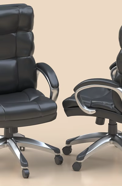 Black Leather High Back Office Chair With Silver Armrests Five Pointed Base And Wheels 3d model