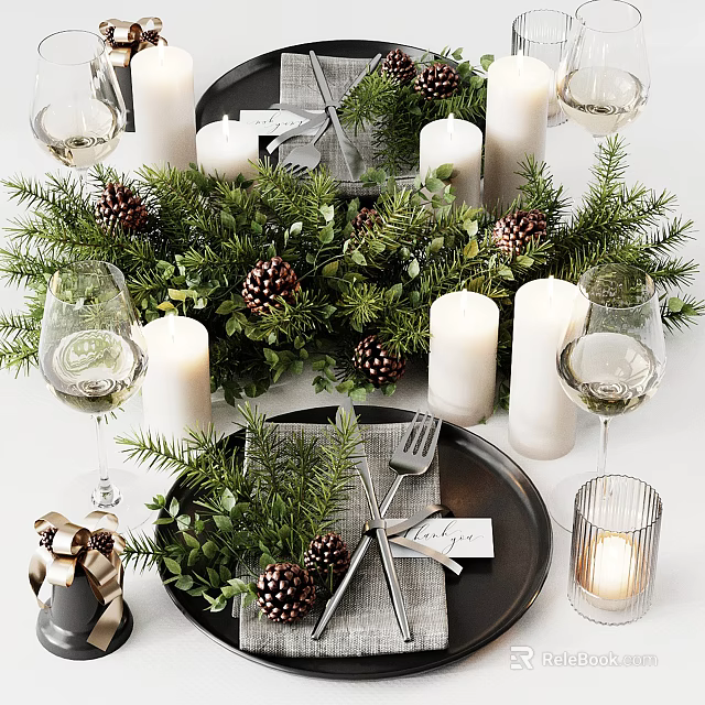 Festive Tableware Set With Candles Evergreen Branches Pine Cones And Wine Glasses 3d model 