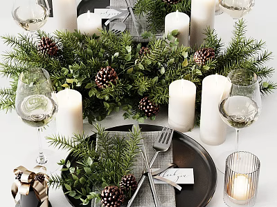 Festive Tableware Set With Candles Evergreen Branches Pine Cones And Wine Glasses 3d model