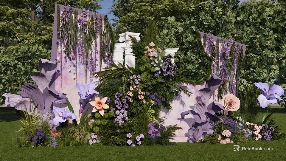 Check in Photo Spot With Purple Pink Flowers Green Plants White Columns And Purple Drapes 3d model 
