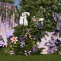 Check in Photo Spot With Purple Pink Flowers Green Plants White Columns And Purple Drapes
