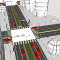 Aerial Planning of Urban Area with High Rise Buildings Street Pedestrians and Red Cars