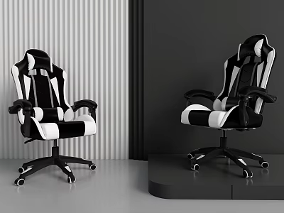 Stylish Black And White Gaming Chair Design With Stripe Wall Gray Floor And Two Chairs 3d model