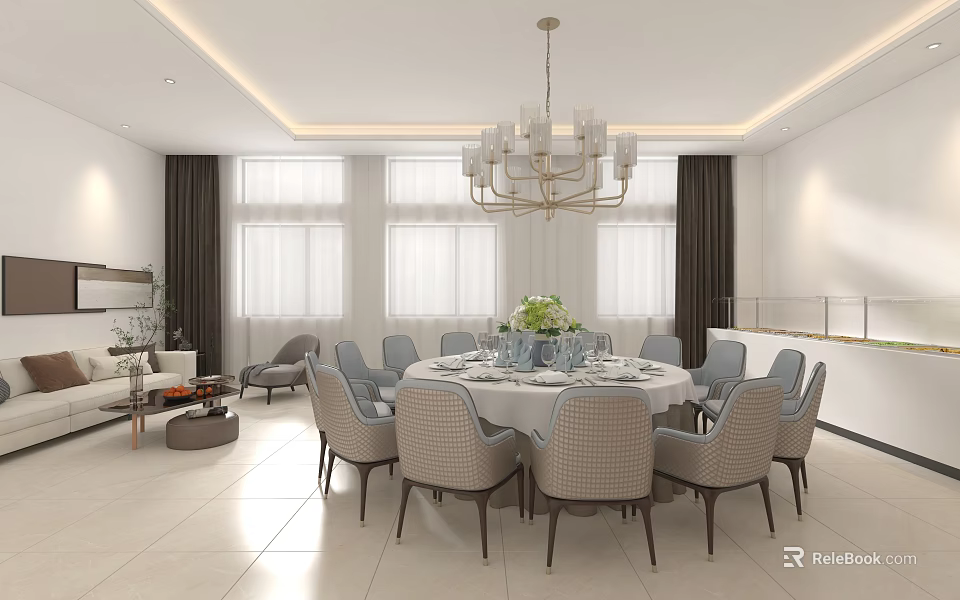 Elegant Private Dining Room Interior With Round Table Chandelier And Gray Chairs 3d model