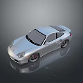 Silver Porsche Style Sports Car With Sleek Design And Reflective Surface On Gray Background