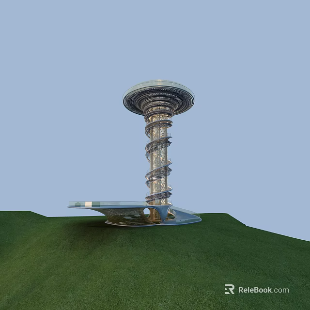 Modern Spiral Tower Structure With Circular Top Platform On Green Grass Field 3d model 