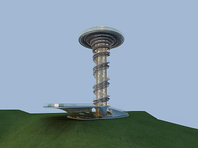 Modern Spiral Tower Structure With Circular Top Platform On Green Grass Field 3d model