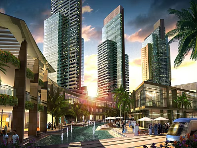 Modern High Rise Office Buildings With Commercial Area Palm Trees And Water Feature At Sunset 3d model