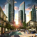 Modern High Rise Office Buildings With Commercial Area Palm Trees And Water Feature At Sunset