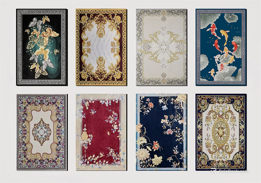 Square Rugs With Various Floral And Geometric Patterns In Assorted Colors 3d model