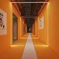 Modern Office Corridor With Orange Walls White Floor And Posters On Both Sides
