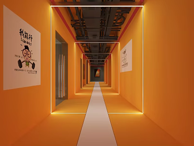 Modern Office Corridor With Orange Walls White Floor And Posters On Both Sides 3d model