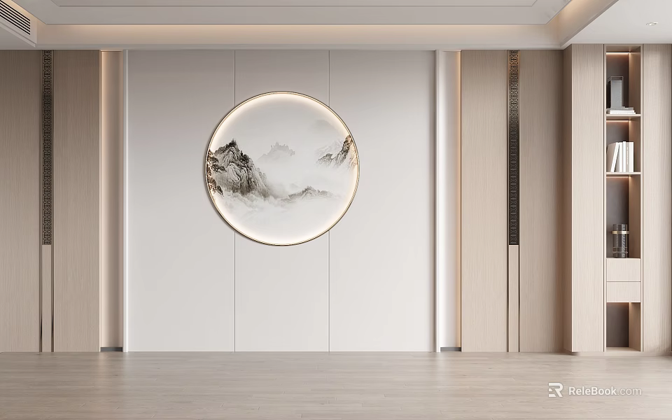 Modern Sofa Background Wall Interior With Circular Landscape Painting And Wooden Accents 3d model 