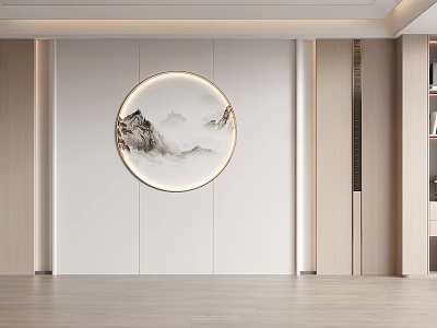 Modern Sofa Background Wall Interior With Circular Landscape Painting And Wooden Accents 3d model