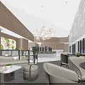 Modern Sales Office With Large Glass Windows Greenery View Wooden Wall Decor And Comfortable Furniture