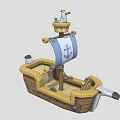 Wooden Ship With Blue White Sail Anchor Design Steering Wheel Toy Cannon And Star Decoration