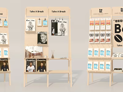 Wooden Display Shelves With Books Posters And Small Items For Retail Show 3d model