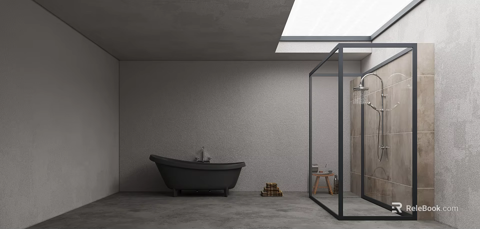 Modern Bathroom Interior With Gray Walls Black Freestanding Bathtub Glass Shower Skylight And Wooden Stool 3d model 