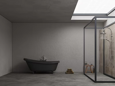 Modern Bathroom Interior With Gray Walls Black Freestanding Bathtub Glass Shower Skylight And Wooden Stool 3d model