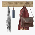 Wall Mounted Wooden Hook With Plaid Scarf Blue Umbrella Red Coat And Brown Leather Bag