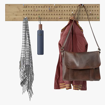 Wall Mounted Wooden Hook With Plaid Scarf Blue Umbrella Red Coat And Brown Leather Bag 3d model