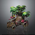 Tree Stump Plant Ornament with Green Leaves Red Mushrooms Small Lantern and Snail Shell Base