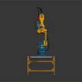 Game and Movie Character Yellow Robotic Arm on Platform with Metal Railings