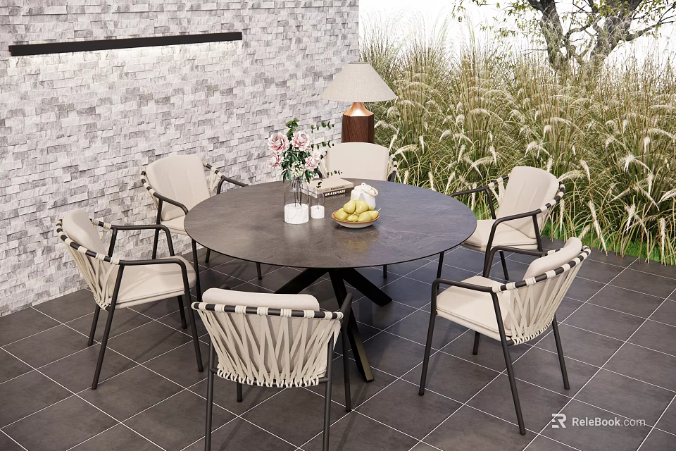 Outdoor Round Dining Table and Woven Chairs Set with Patio Brick Wall and Floor Lamp 3d model 