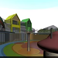 Colorful School Building With Green Roof And Playground Area Surrounded By Trees