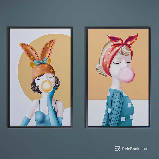 Portrait Paintings Of Two Female Figures With Headbands Blowing Bubbles In Blue Clothing Yellow Background 3d model 