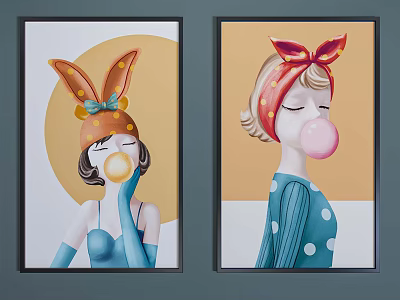 Portrait Paintings Of Two Female Figures With Headbands Blowing Bubbles In Blue Clothing Yellow Background 3d model