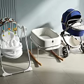 Modern Baby Essentials With Bouncer Rocker And Blue Stroller In Neutral Indoor Setting