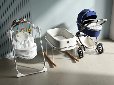 Modern Baby Essentials With Bouncer Rocker And Blue Stroller In Neutral Indoor Setting 3d model
