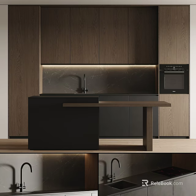 Modern Kitchen Interior With Dark Cabinets And Built In Oven 3d model