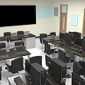 School Computer Classroom Interior With Long Desks Rows of Computers And Blackboard Setup 3d model