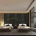 Modern Hotel Room Interior With Dark Green Walls Large Bed Wooden Flooring And Bedside Lamps