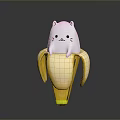 Cute White Cat Character Sitting Inside Peeled Banana Fruit Design Concept