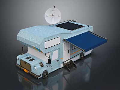 Light Blue Camper Van with Satellite Antenna Solar Panel Open Blue Awning and Door Steps 3d model