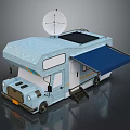 Light Blue Camper Van with Satellite Antenna Solar Panel Open Blue Awning and Door Steps