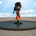 Cute Doll With Black Hair In Braids Red Outfit And Golden Decorations Against Blue Sky