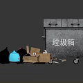 Building Side Area With Wheeled Gray Trash Bin And Scattered Cardboard Boxes