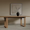 Wooden Dining Table With Black Vase And Abstract Painting On Neutral Wall 3d model