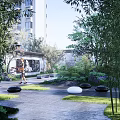 Tranquil Garden Landscape With Lush Trees Stone Decorations Pedestrian Walkways And People Relaxing