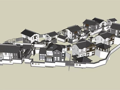 Cluster of Traditional Detached Villas with Black Roofs White Walls and Courtyard Fences 3d model
