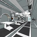 Futuristic Industrial Interior With Metal Walls Curved Structures Workstations And Bright Lighting