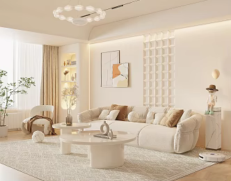 Modern Cream Style Sofa Coffee Table Combination Fabric Sofa Mother and Mother Coffee Table Pillow Decorative Painting Single Person Sofa 3d model