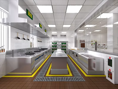 Commercial Kitchen Design With Stainless Steel Worktables Ventilation Equipment And Yellow Warning Lines 3d model
