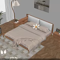 Double Bed with Wooden Frame in Minimalist Bedroom with Nightstands Floor Lamp and Abstract Painting