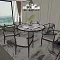 Elegant Round Dining Table Set With Marble Top Upholstered Chairs Chandelier And Window View 3d model