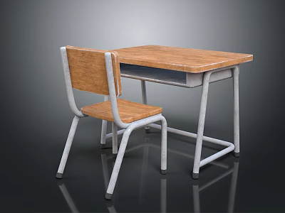 Wooden Desk and Chair Set with Metal Frame for Classroom Furniture 3d model